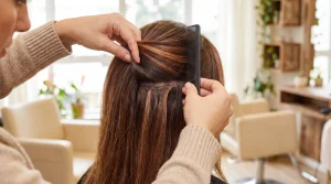 Cabeleireira aplicando extensão de mega hair de fita adesiva em mecha de cabelo castanho com luzes.